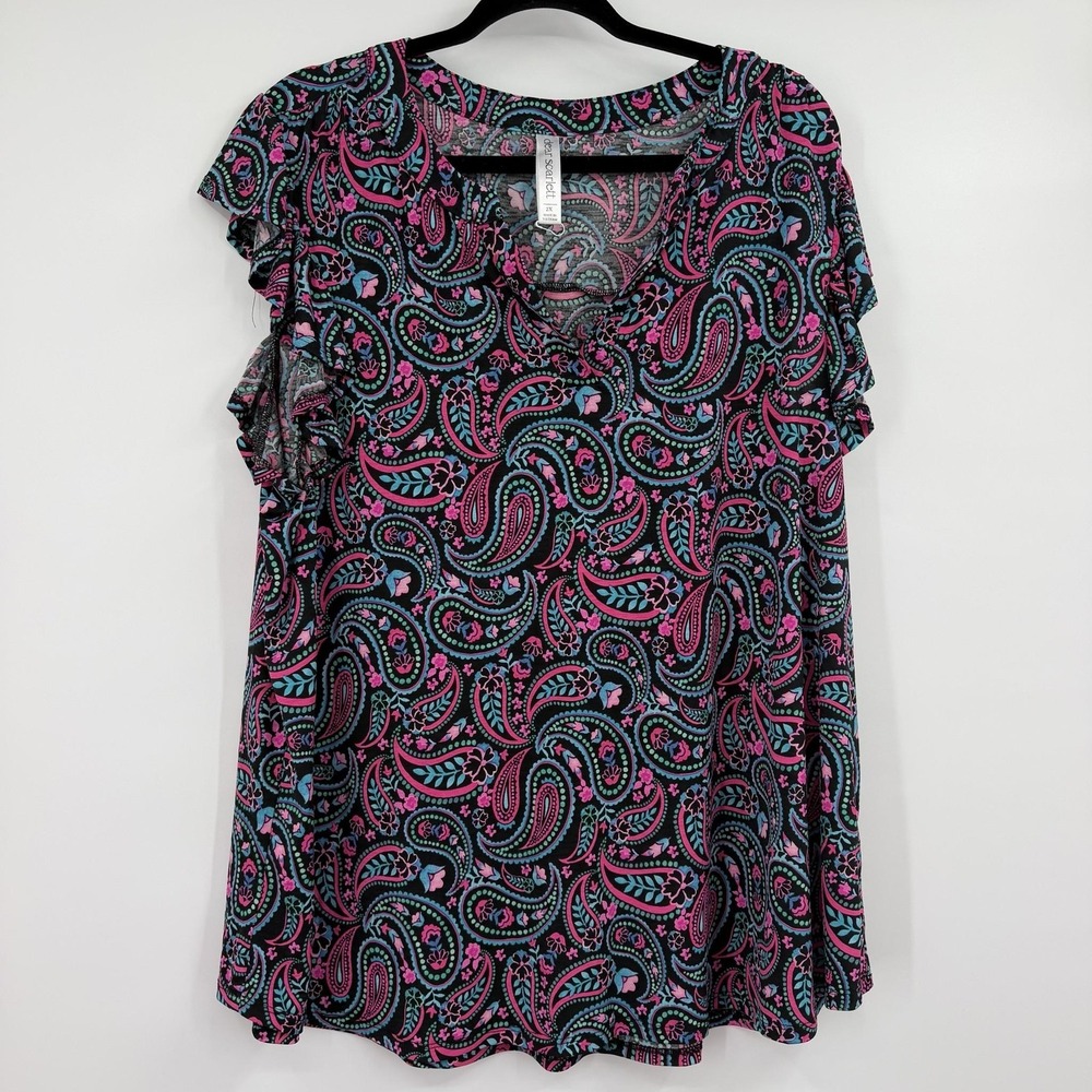 Dear Scarlett Tunic Womens 2X Black Paisley V-Neck Ruffle Short Sleeve